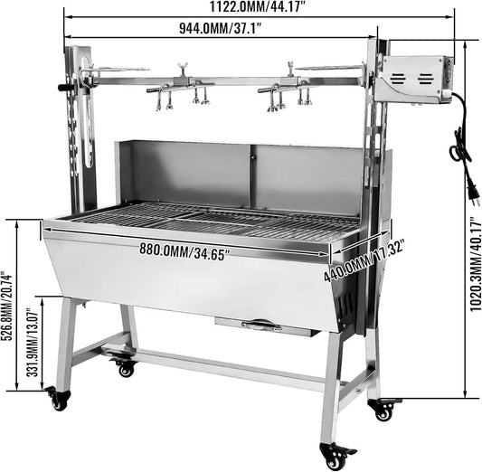 132LBS Stainless Steel Rotisserie Grill with Back Cover Guard, 25W Motor Small Pig Lamb 37 Inch BBQ Charcoal Rotisserie Roaster