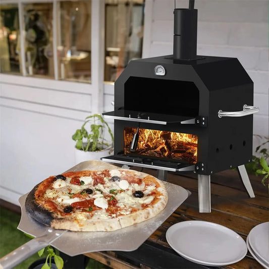 Outdoor Pizza Oven Wood Fired 2-Layer Pizza Ovens Outside Pizza Maker with Stone, Removable Cooking Rack for Camping Backyard