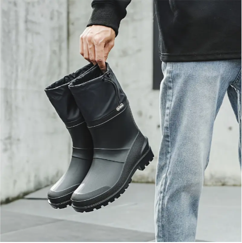 Men’s Waterproof Anti-Slip Slip-On Ankle Boots—Durable PVC Outdoor Shoes (All-Season, Black)