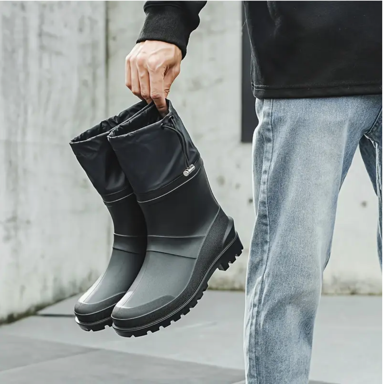 Men’s Waterproof Anti-Slip Slip-On Ankle Boots—Durable PVC Outdoor Shoes (All-Season, Black)