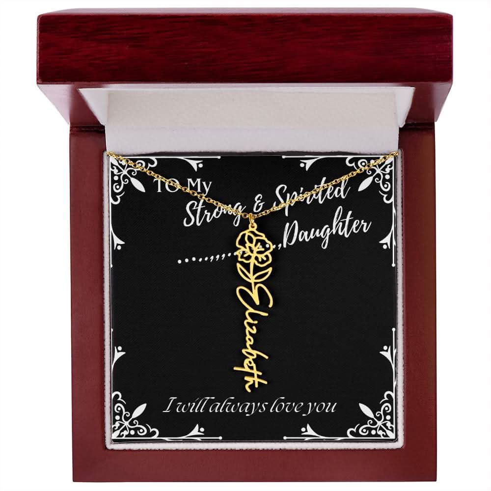 ShineOn Fulfillment Jewelry 18k Yellow Gold Finish / Luxury Box / August To My Strong & Spirited Daughter Custom Name Necklace, Daughter Gift From Dad, Mom, Daughter Jewelry, With Message Card And Gift Box