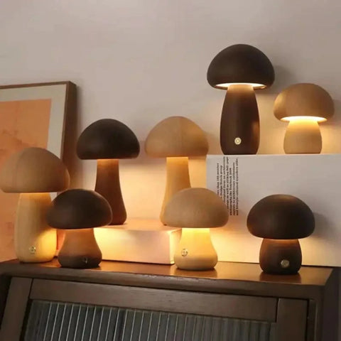 WOW GOODS !! Adorable, Warm, and Cozy Wooden Mushroom LED Night Light for Bedroom and Children's Room Lovely Bedside Table Lamp with Touch Sw