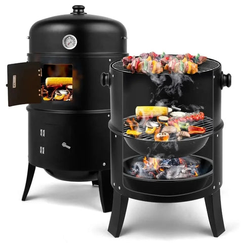 BBQ Charcoal Grill Outdoor Barbecue Pit Smoker with 3 Levels Patio Backyard Black