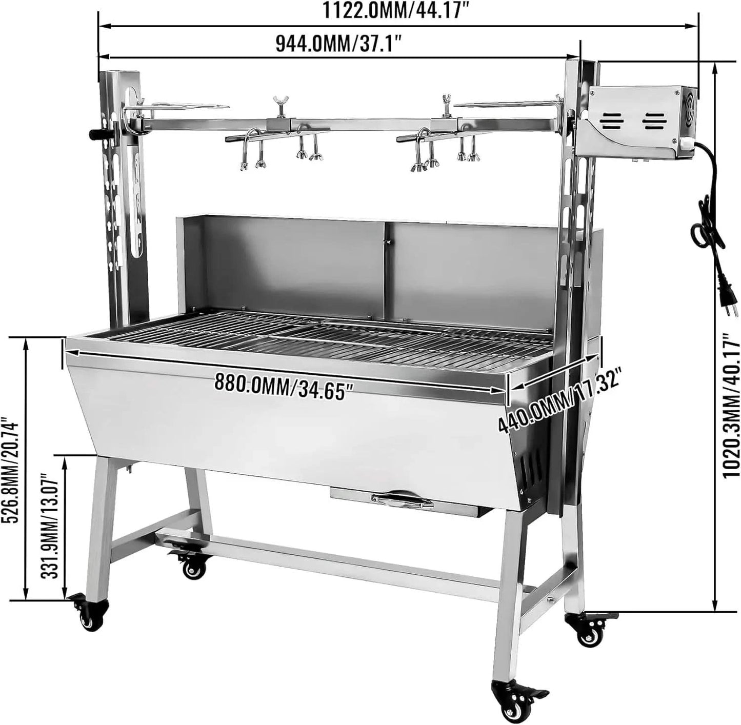 132LBS Stainless Steel Rotisserie Grill with Back Cover Guard, 25W Motor Small Pig Lamb 37 Inch BBQ Charcoal Rotisserie Roaster