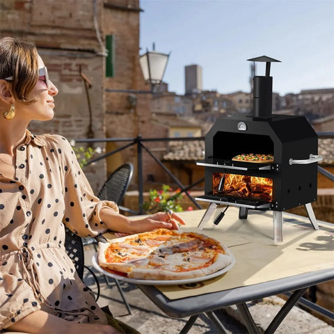 Outdoor Pizza Oven Wood Fired 2-Layer Pizza Ovens Outside Pizza Maker with Stone, Removable Cooking Rack for Camping Backyard