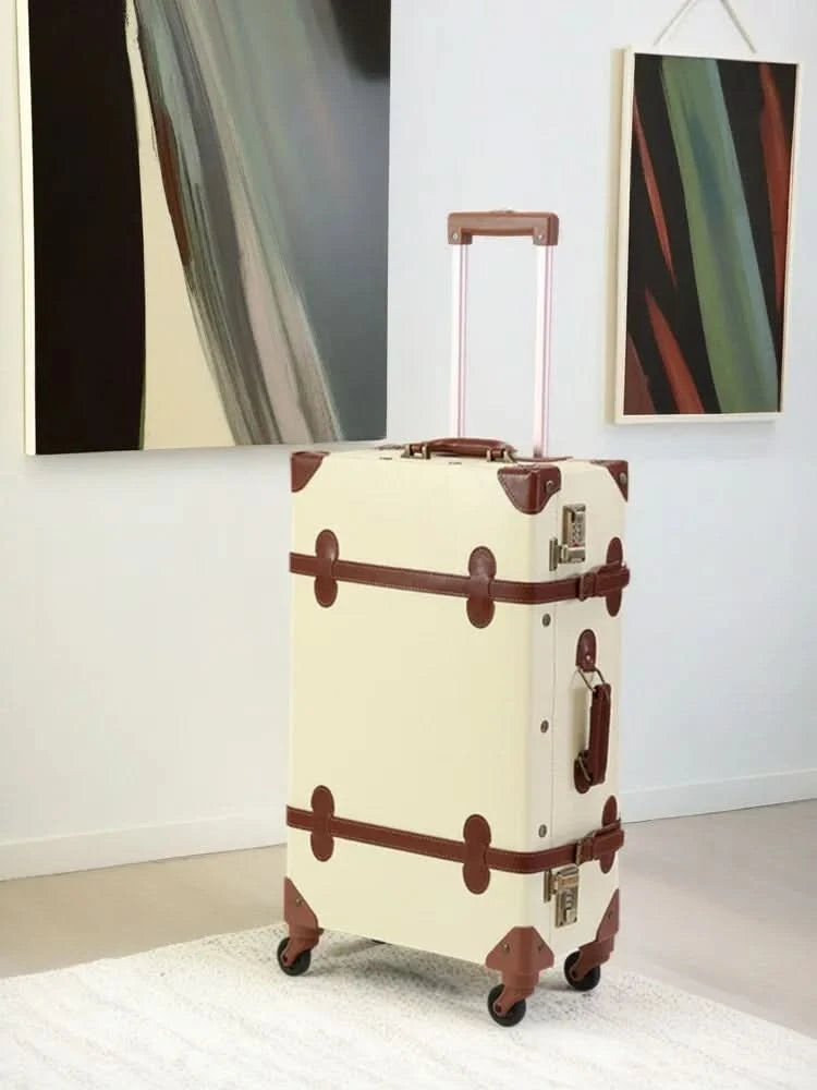 Vintage British Leather Suitcase, Retro Trolley Luggage with Antique Brass Hardware & Silent Wheels, Cabin Approved Carry-on Bag