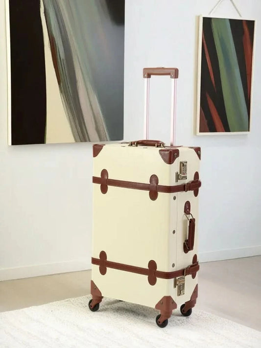 Vintage British Leather Suitcase, Retro Trolley Luggage with Antique Brass Hardware & Silent Wheels, Cabin Approved Carry-on Bag