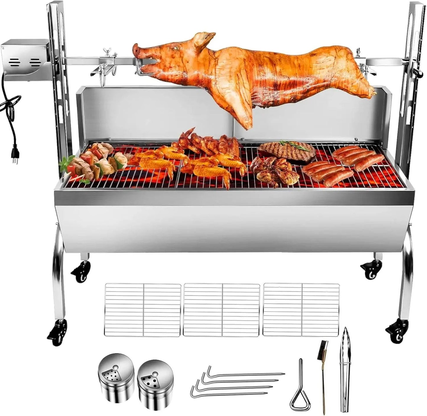 132LBS Stainless Steel Rotisserie Grill with Back Cover Guard, 25W Motor Small Pig Lamb 37 Inch BBQ Charcoal Rotisserie Roaster