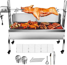 132LBS Stainless Steel Rotisserie Grill with Back Cover Guard, 25W Motor Small Pig Lamb 37 Inch BBQ Charcoal Rotisserie Roaster