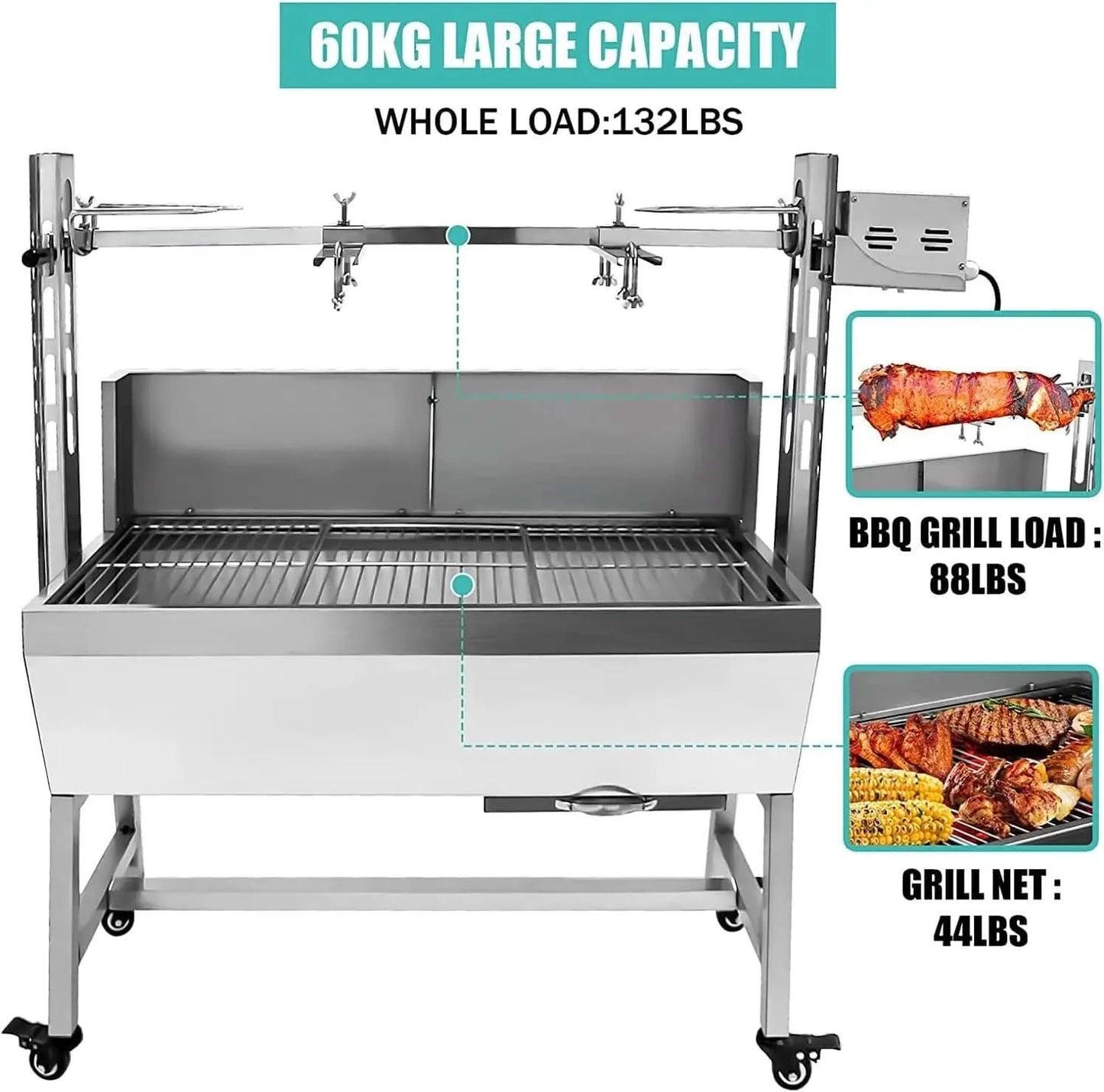 132LBS Stainless Steel Rotisserie Grill with Back Cover Guard, 25W Motor Small Pig Lamb 37 Inch BBQ Charcoal Rotisserie Roaster