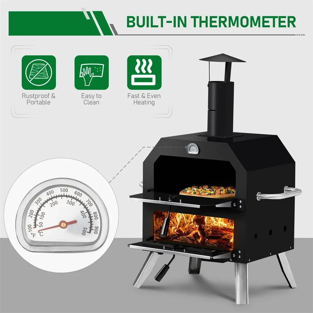 Outdoor Pizza Oven Wood Fired 2-Layer Pizza Ovens Outside Pizza Maker with Stone, Removable Cooking Rack for Camping Backyard