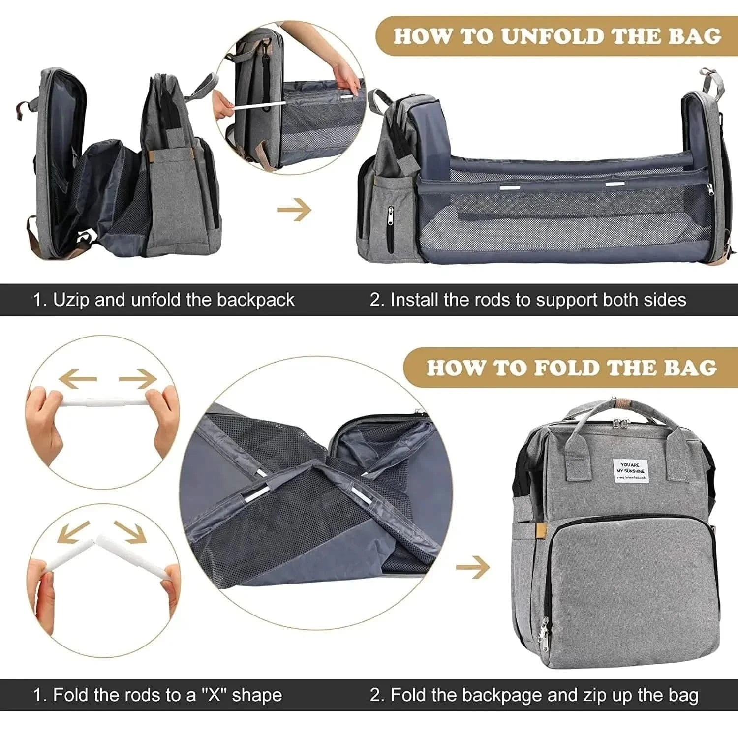 WOW GOODS !! Baby & Child Foldable Diaper Bag Baby Bed Bags Crib Travel  Backpack with Changing Station Insulated Pocket Large Capacity