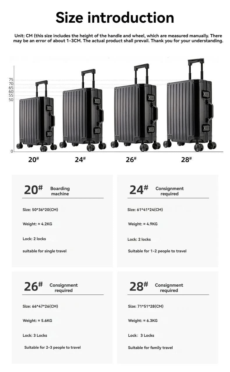 Large Capacity Durable Luggage for Men and Women, Aluminum, Carry-On, Boarding, Travel, New, 20, 24, 26, 28