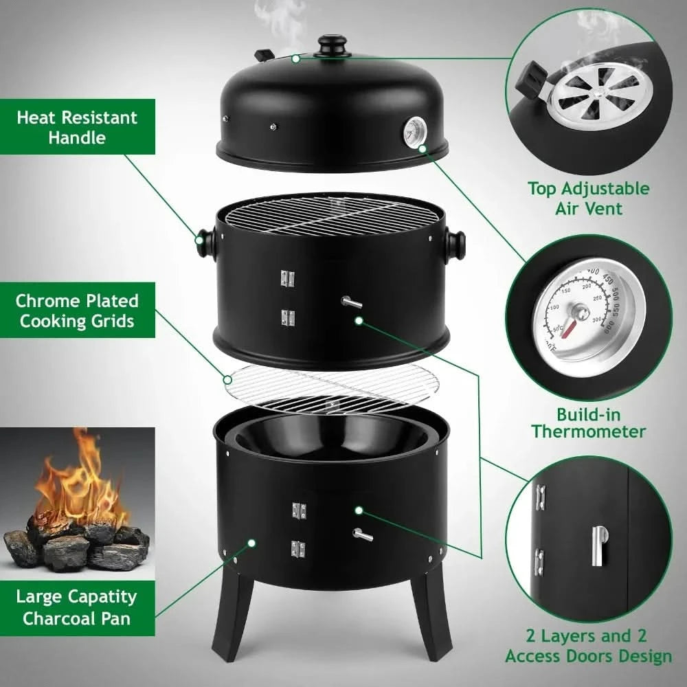 BBQ Charcoal Grill Outdoor Barbecue Pit Smoker with 3 Levels Patio Backyard Black