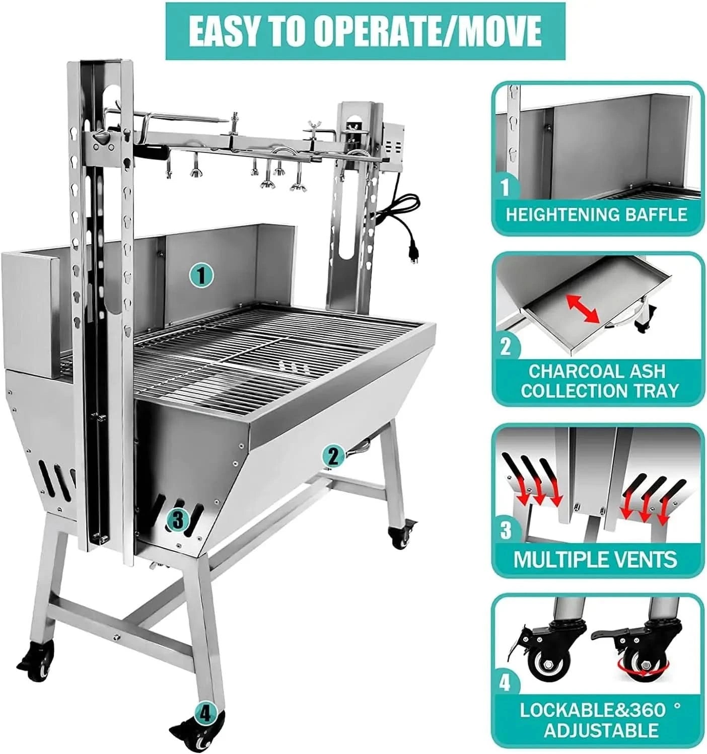 132LBS Stainless Steel Rotisserie Grill with Back Cover Guard, 25W Motor Small Pig Lamb 37 Inch BBQ Charcoal Rotisserie Roaster