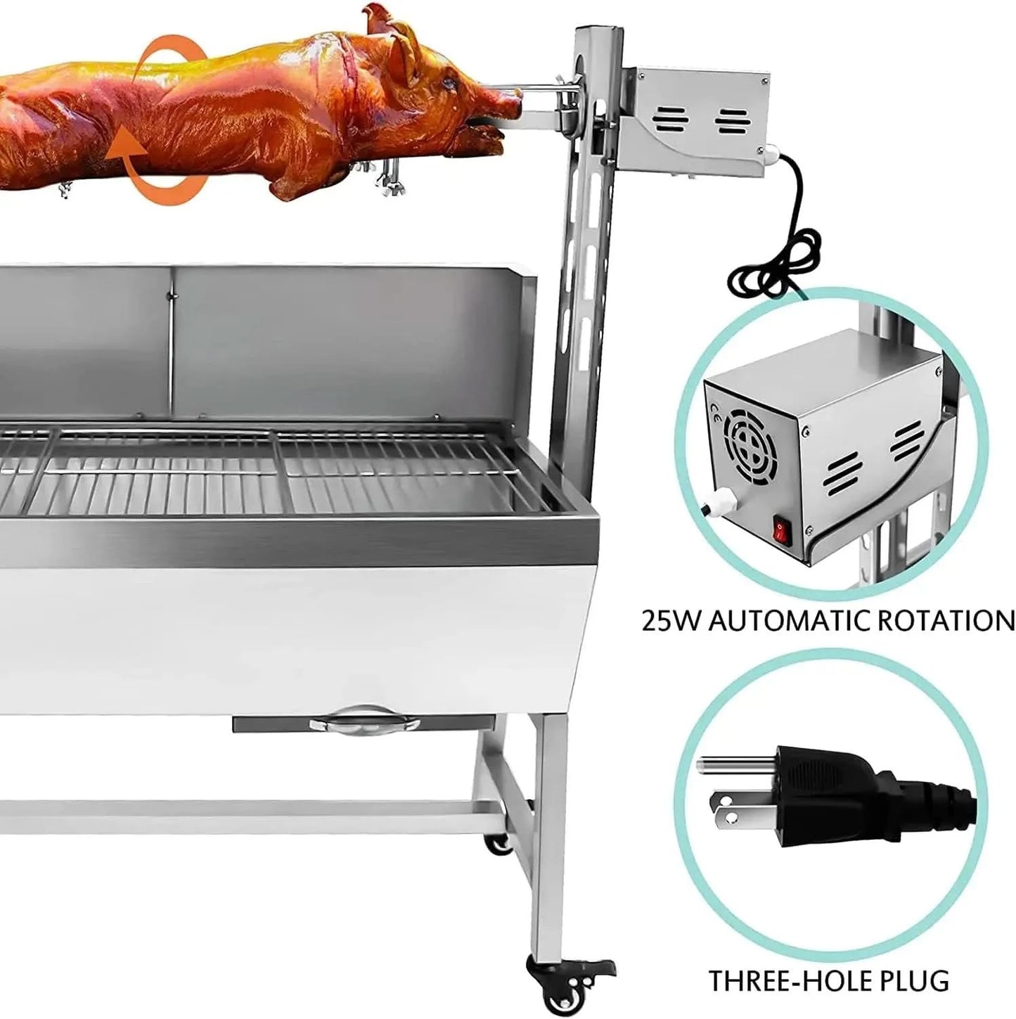 132LBS Stainless Steel Rotisserie Grill with Back Cover Guard, 25W Motor Small Pig Lamb 37 Inch BBQ Charcoal Rotisserie Roaster
