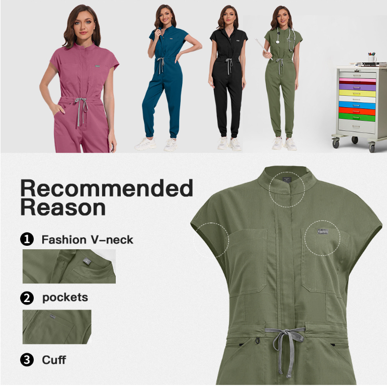 High-End Conjoined Medical Scrub Jumpsuit with Stand Collar & Zipper