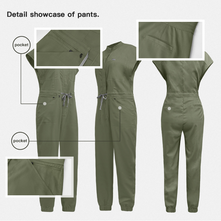 High-End Conjoined Medical Scrub Jumpsuit with Stand Collar & Zipper