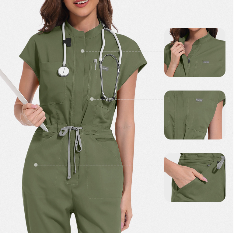 High-End Conjoined Medical Scrub Jumpsuit with Stand Collar & Zipper