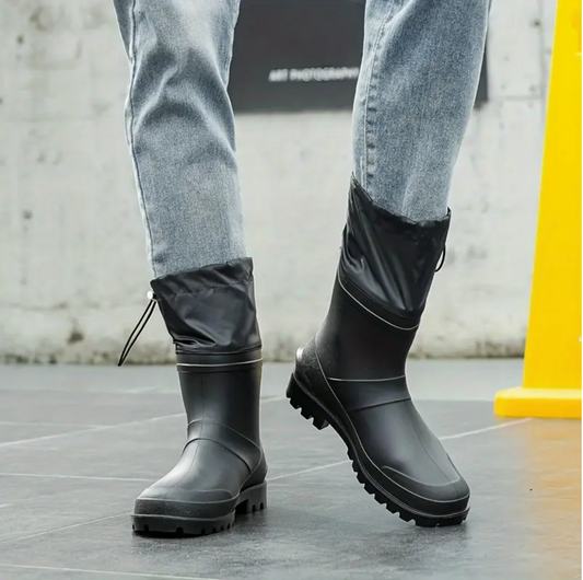 Men’s Waterproof Anti-Slip Slip-On Ankle Boots—Durable PVC Outdoor Shoes (All-Season, Black)