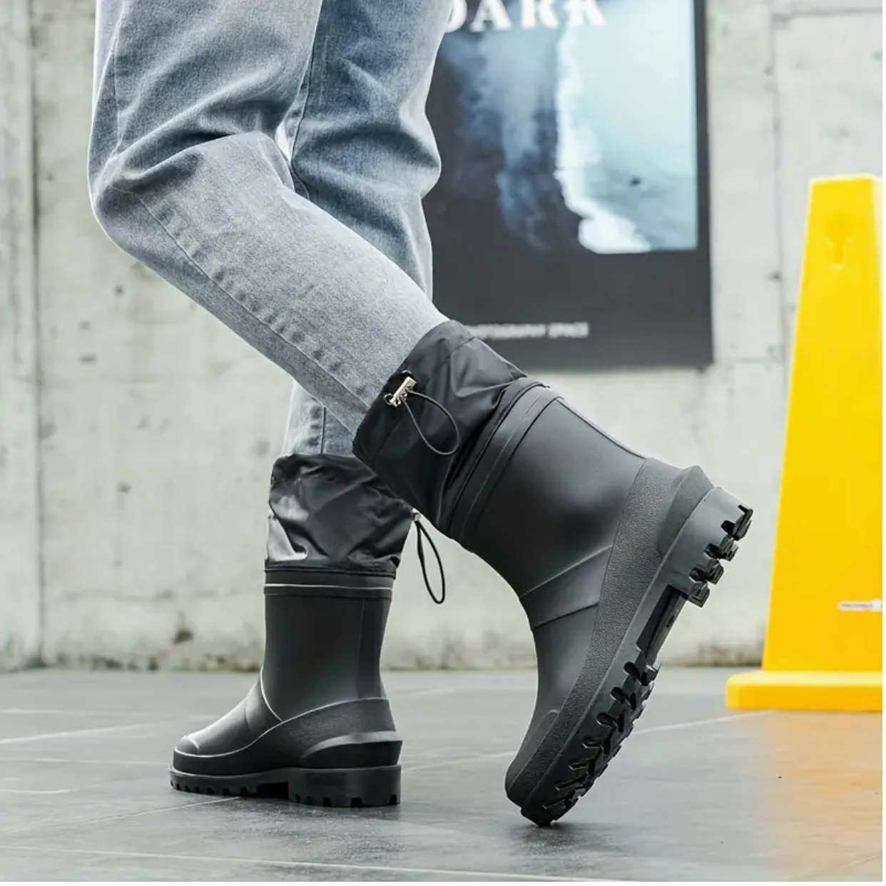 Men’s Waterproof Anti-Slip Slip-On Ankle Boots—Durable PVC Outdoor Shoes (All-Season, Black)
