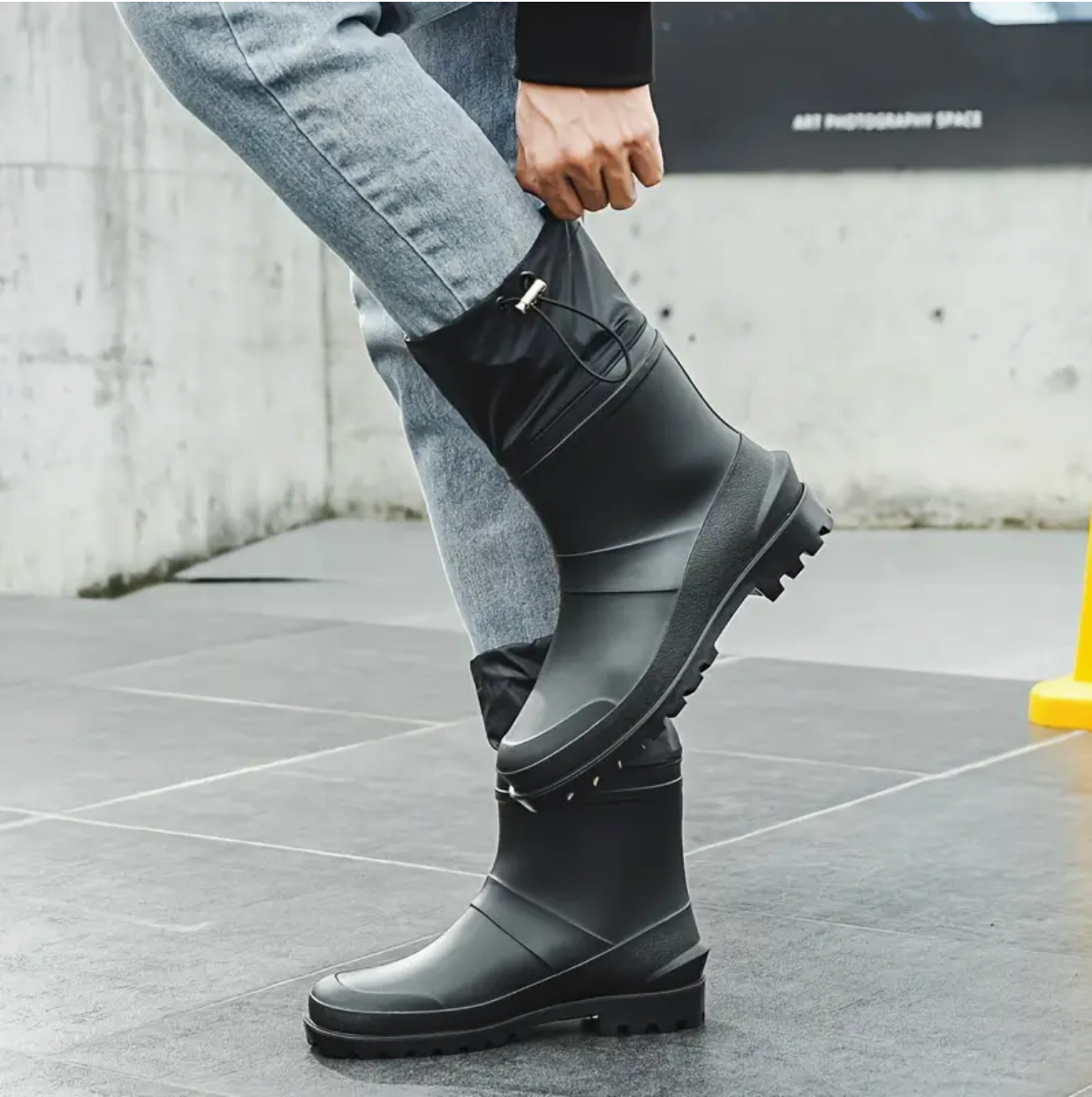 Men’s Waterproof Anti-Slip Slip-On Ankle Boots—Durable PVC Outdoor Shoes (All-Season, Black)
