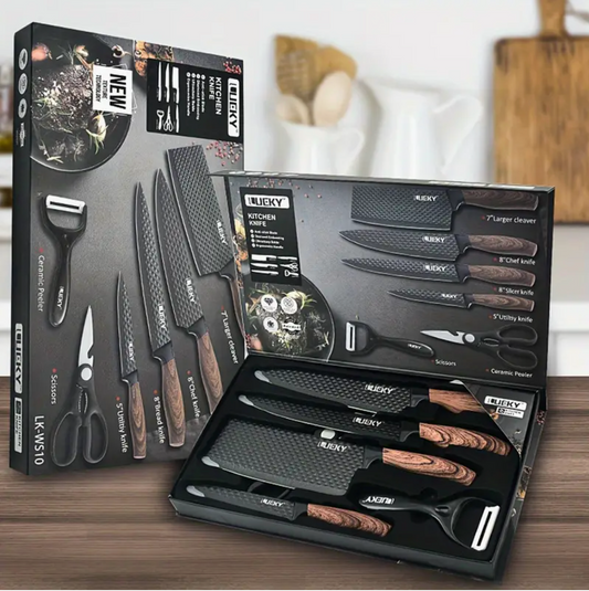 Professional 1/6 Kitchen Knife Set – Chef’s Knife, Slicing Knife, Scraper & Scissors | Ultra-Sharp Stainless Steel | Anti-Stick Ergonomic Wooden Handles | Gift Box | Ideal for Home, Professional Use & Travel