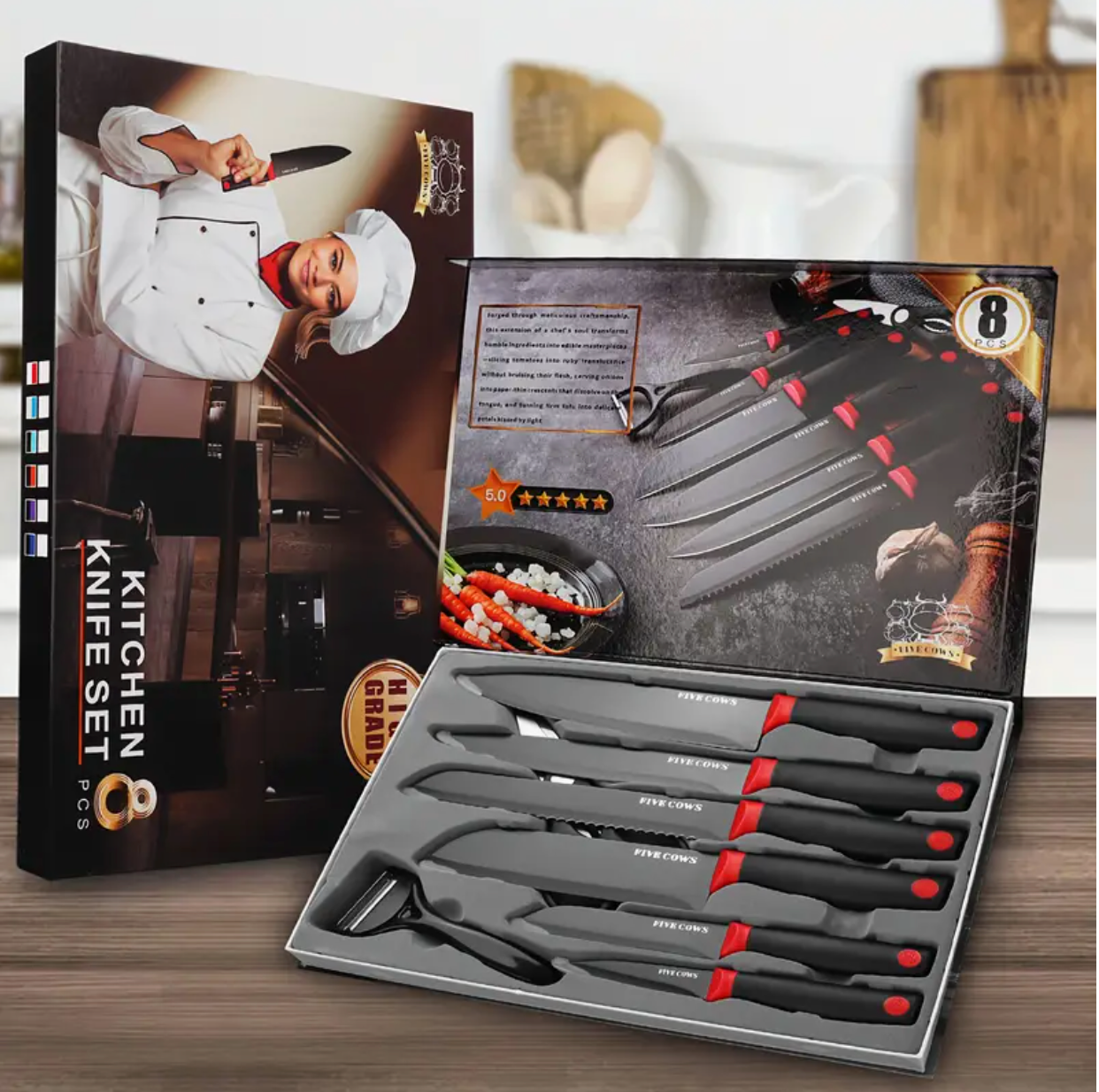Professional 1/6 Kitchen Knife Set – Chef’s Knife, Slicing Knife, Scraper & Scissors | Ultra-Sharp Stainless Steel | Anti-Stick Ergonomic Wooden Handles | Gift Box | Ideal for Home, Professional Use & Travel