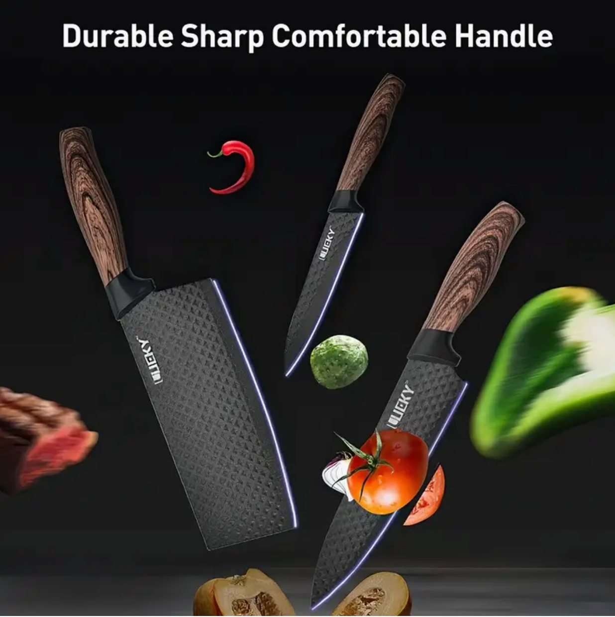 Professional 1/6 Kitchen Knife Set – Chef’s Knife, Slicing Knife, Scraper & Scissors | Ultra-Sharp Stainless Steel | Anti-Stick Ergonomic Wooden Handles | Gift Box | Ideal for Home, Professional Use & Travel