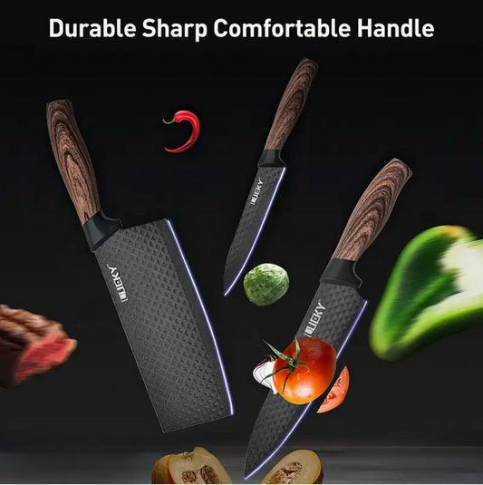 Professional 1/6 Kitchen Knife Set – Chef’s Knife, Slicing Knife, Scraper & Scissors | Ultra-Sharp Stainless Steel | Anti-Stick Ergonomic Wooden Handles | Gift Box | Ideal for Home, Professional Use & Travel