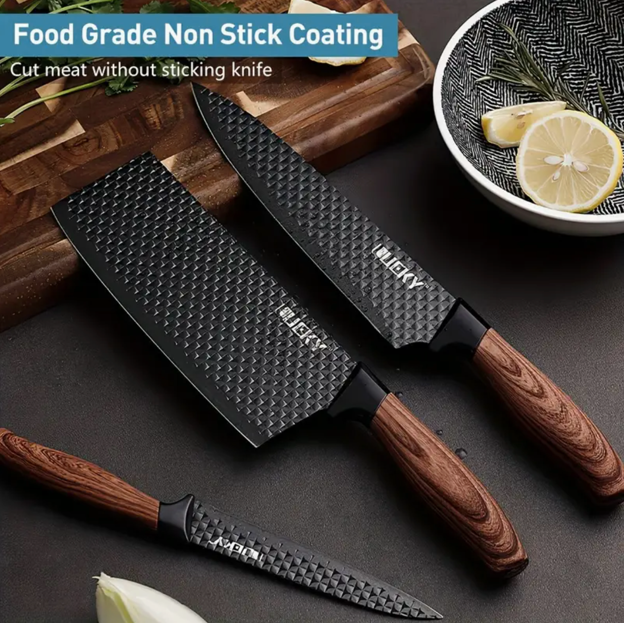 Professional 1/6 Kitchen Knife Set – Chef’s Knife, Slicing Knife, Scraper & Scissors | Ultra-Sharp Stainless Steel | Anti-Stick Ergonomic Wooden Handles | Gift Box | Ideal for Home, Professional Use & Travel