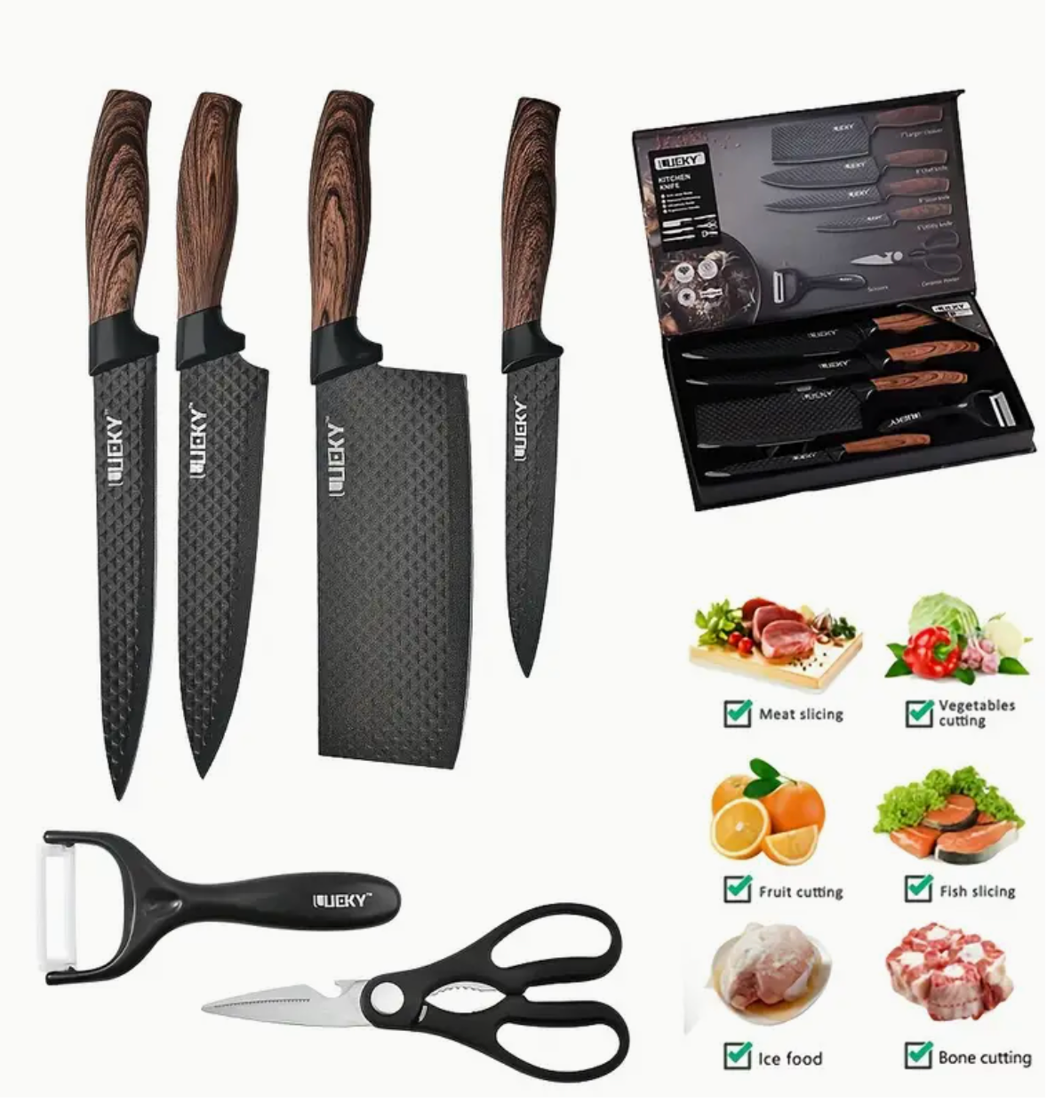 Professional 1/6 Kitchen Knife Set – Chef’s Knife, Slicing Knife, Scraper & Scissors | Ultra-Sharp Stainless Steel | Anti-Stick Ergonomic Wooden Handles | Gift Box | Ideal for Home, Professional Use & Travel