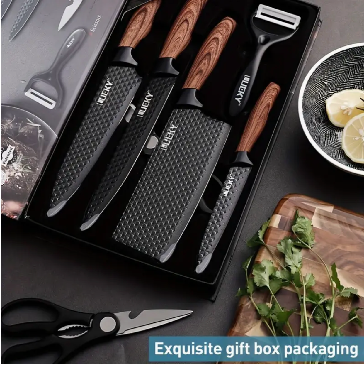 Professional 1/6 Kitchen Knife Set – Chef’s Knife, Slicing Knife, Scraper & Scissors | Ultra-Sharp Stainless Steel | Anti-Stick Ergonomic Wooden Handles | Gift Box | Ideal for Home, Professional Use & Travel