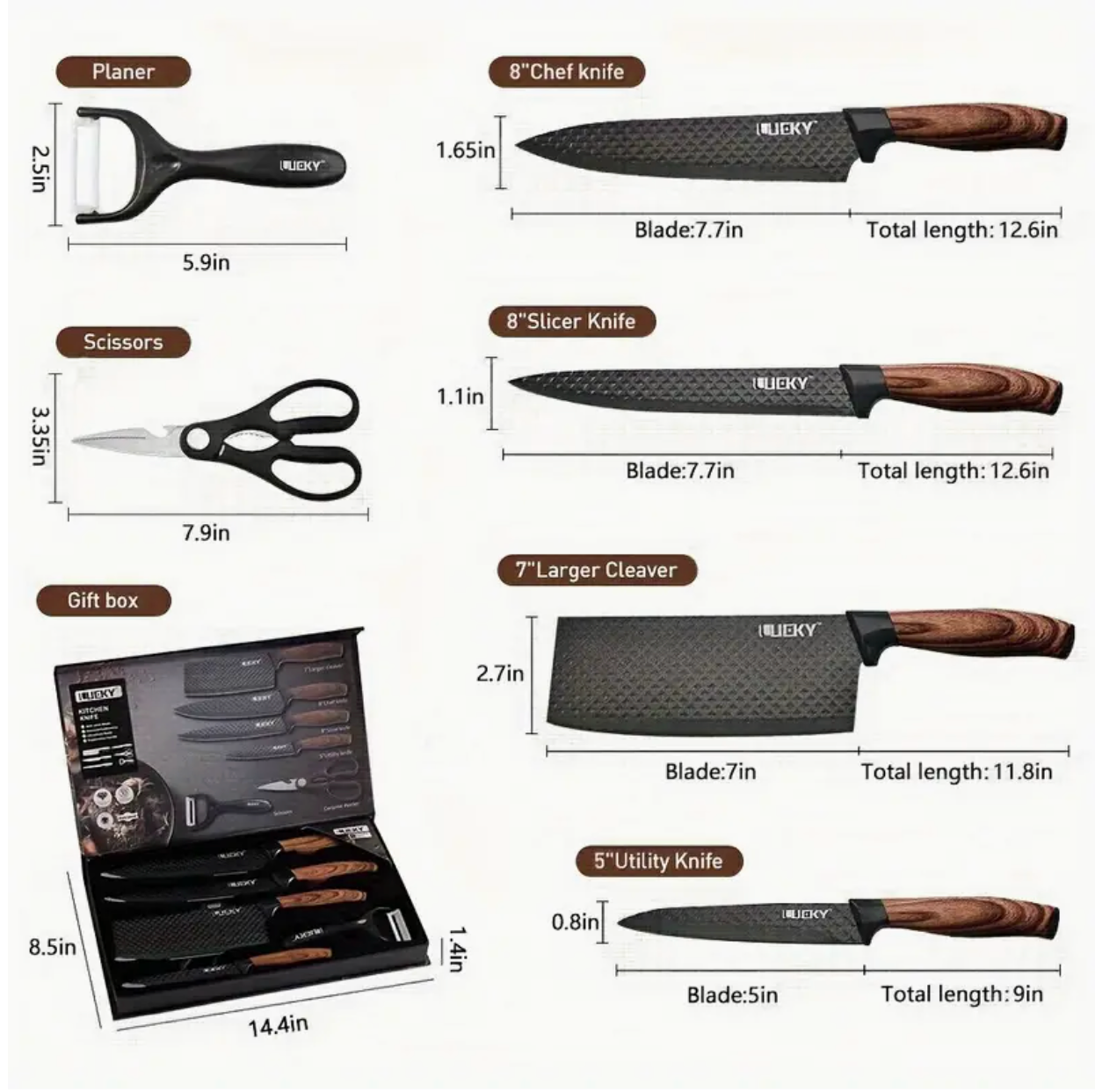 Professional 1/6 Kitchen Knife Set – Chef’s Knife, Slicing Knife, Scraper & Scissors | Ultra-Sharp Stainless Steel | Anti-Stick Ergonomic Wooden Handles | Gift Box | Ideal for Home, Professional Use & Travel