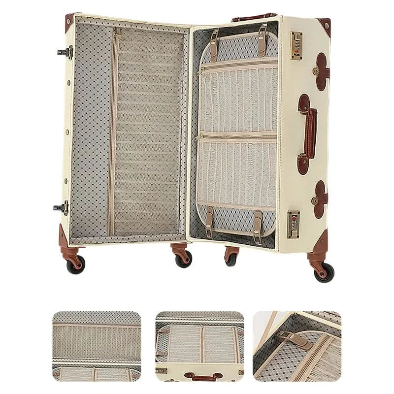 Vintage British Leather Suitcase, Retro Trolley Luggage with Antique Brass Hardware & Silent Wheels, Cabin Approved Carry-on Bag