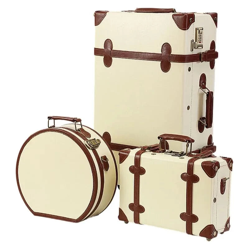 Vintage British Leather Suitcase, Retro Trolley Luggage with Antique Brass Hardware & Silent Wheels, Cabin Approved Carry-on Bag