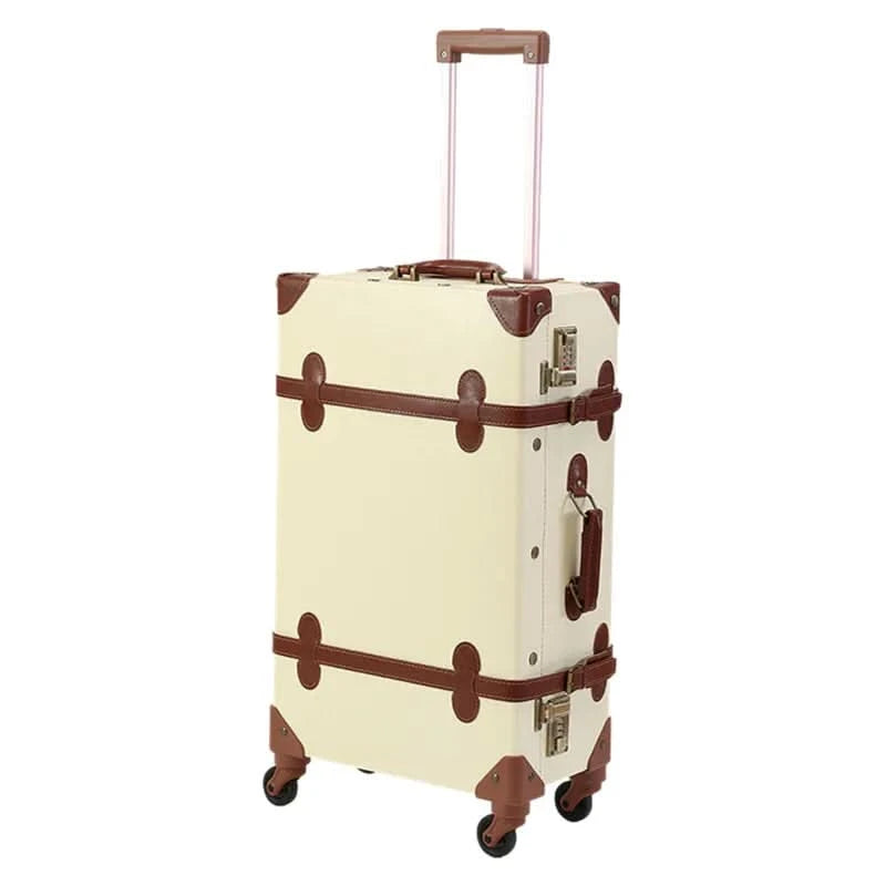 Vintage British Leather Suitcase, Retro Trolley Luggage with Antique Brass Hardware & Silent Wheels, Cabin Approved Carry-on Bag