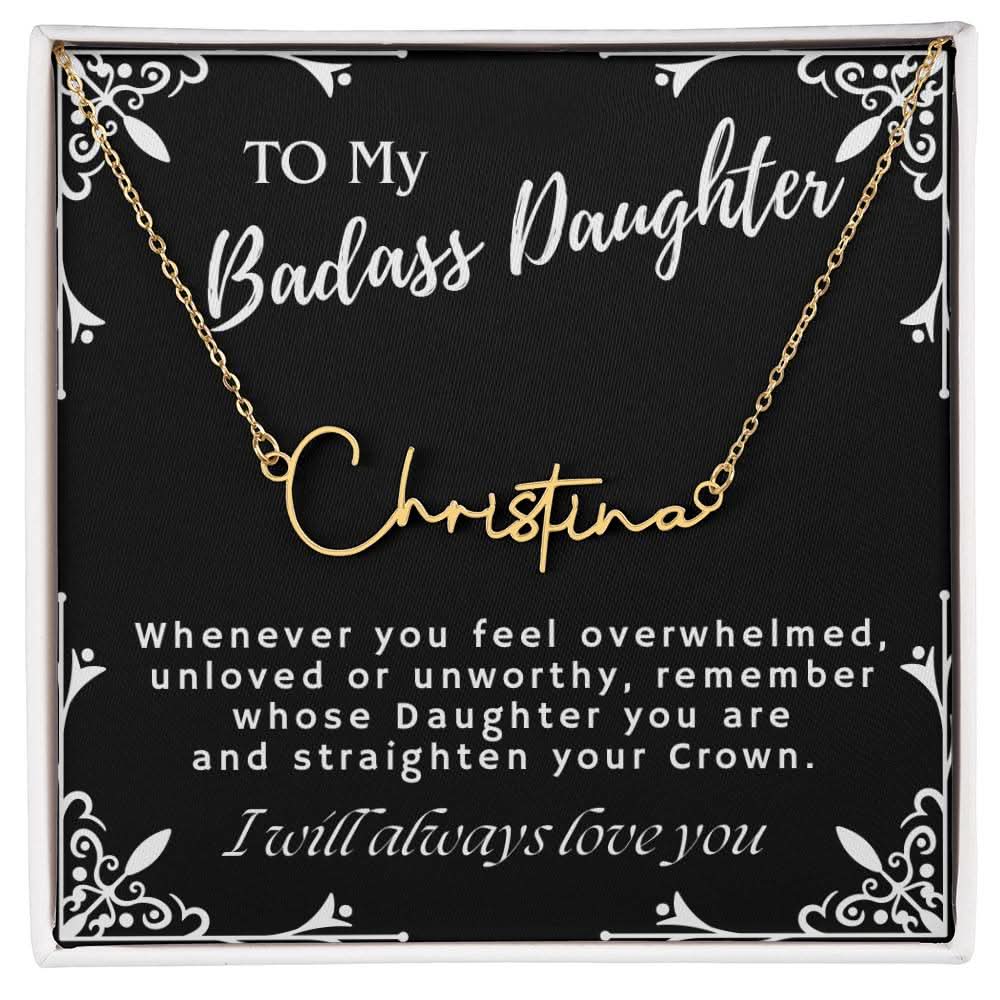 ShineOn Fulfillment Jewelry Gold Finish Over Stainless Steel / Standard Box To My Badass Daughter Custom Name Necklace, Daughter Gift From Dad, Mom, Daughter Jewelry, With Message Card And Gift Box